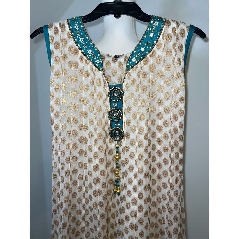 Women’s Teal/Gold Colourful Sleeveless Kaftan Indian Kurta Boho Dress SMALL
